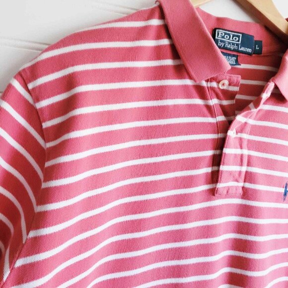 Ralph Lauren Polo Shirt Mens Large Pink and White Stripe Blue Pony Cotton - Picture 3 of 6